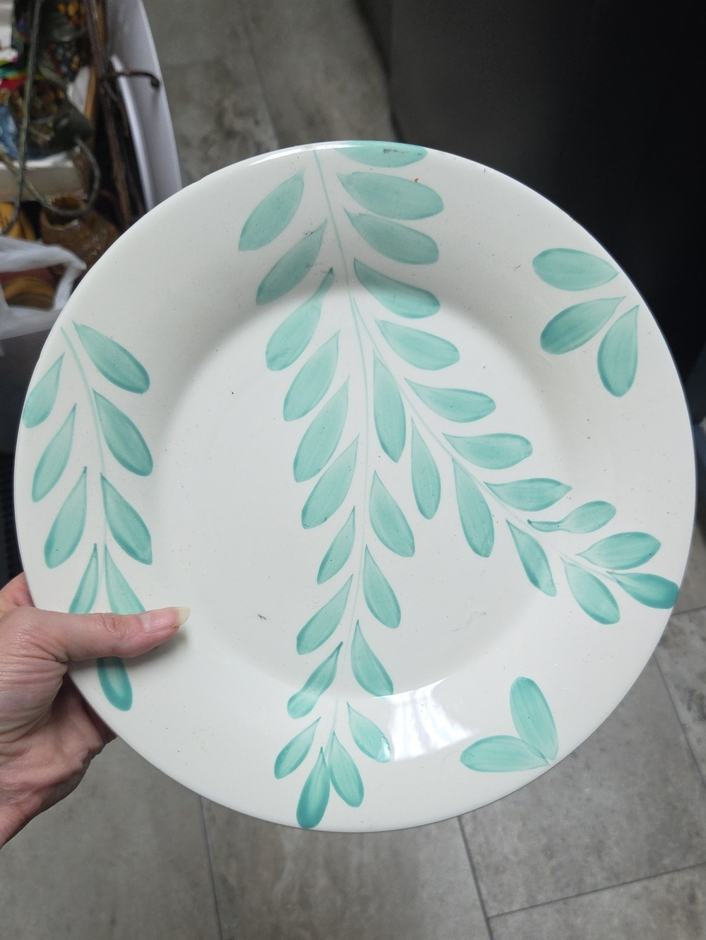 White Ceramic Decorative Plate with Mint Leaf Motif